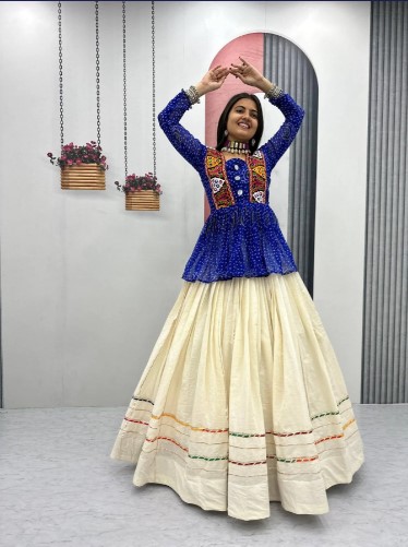 Blue Bandhej Khadi Cotton Lehenga 6 Meters (Grand Flare)